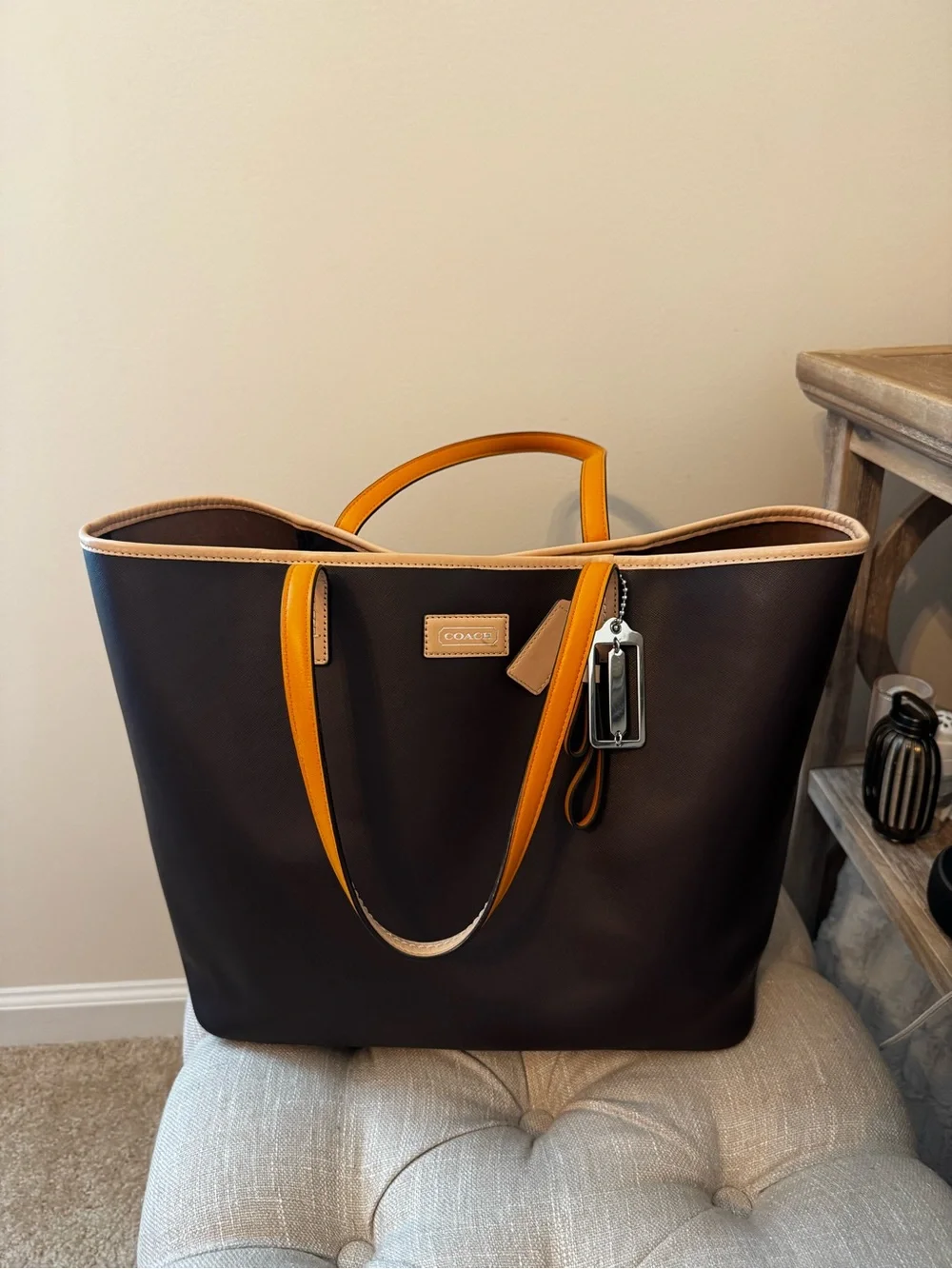Coach Dark Brown Tote with Orange Trim and Handles